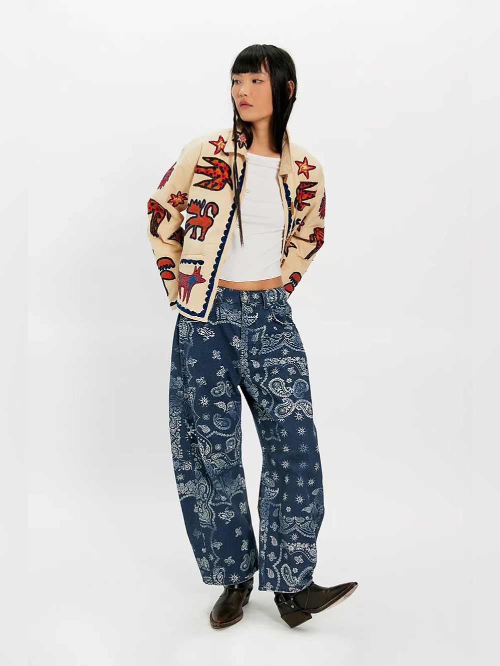 Free People We The Free Good Luck Printed Barrel Jeans Size 30